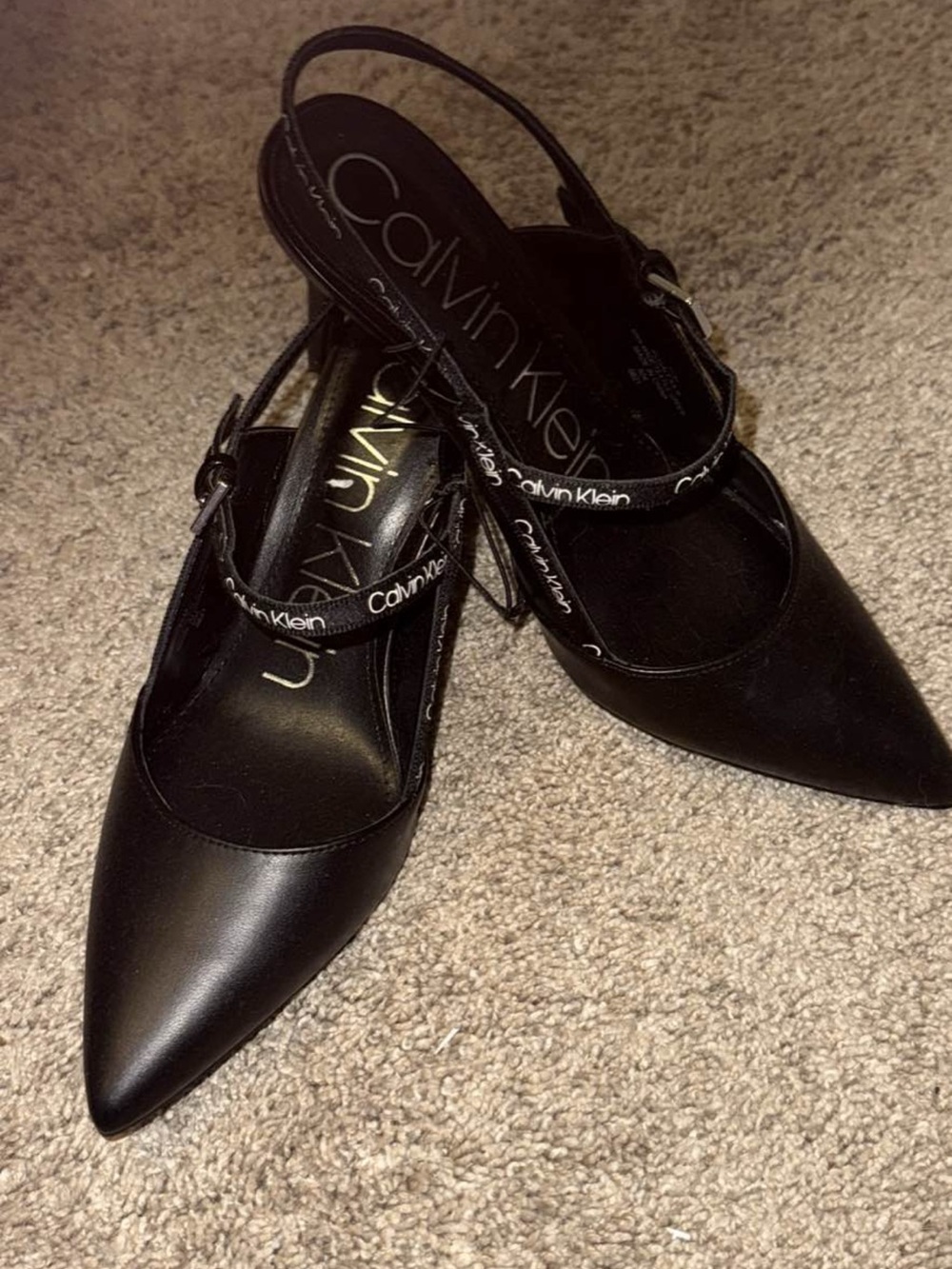 Calvin Klein Black Pointed Slingback Pumps with Logo Strap